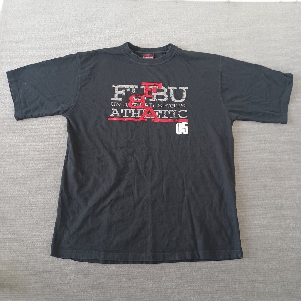 Y2K Fubu T-Shirt Mens L Black Crew Neck Graphic Print‎ Hip Hop Baggy Skater